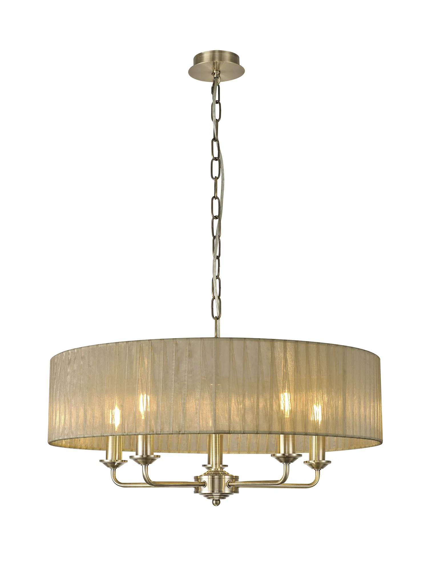 DK0870  Banyan 5 Light Multi Arm Pendant With 60cm x 15cm Organza Shade Antique Brass/Soft Bronze